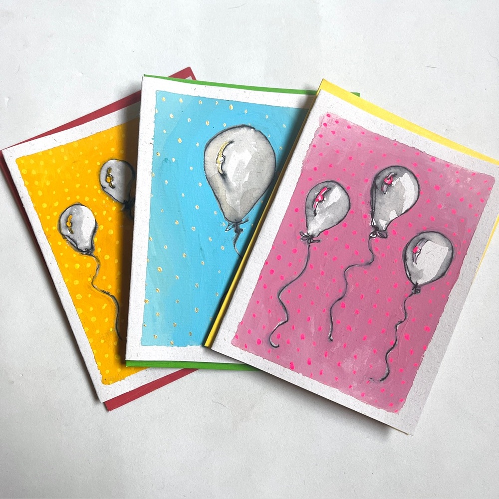 Painted Balloon Card Set of 3. Blank Inside. Pen, Ink, Paint. Any Occasi…